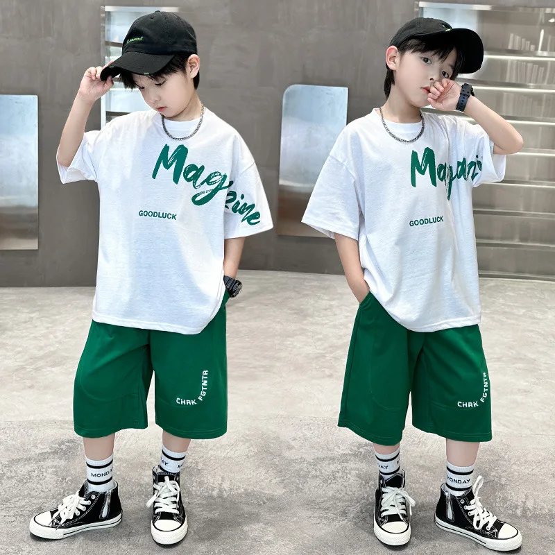 

Summer Boys Loose Alphabet t-Shirt Tops+Shorts Pant Contrast Workout Sets School Kids 2PCS Tracksuit Child Jogging Outfit 5-16Yr