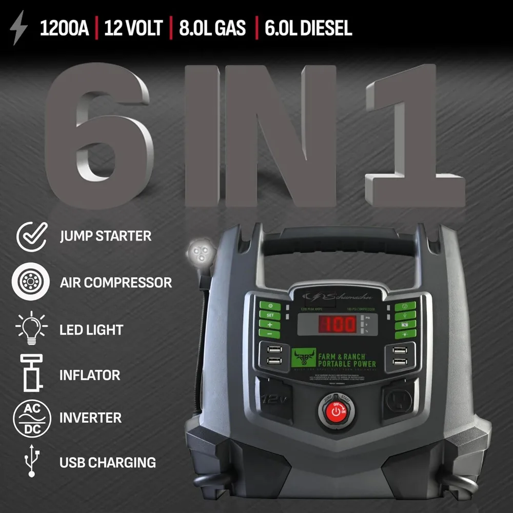 Schumacher Electric 1200A Jump Starter ومحطة طاقة محمولة للمزرعة والمزرعة، حل 5 في 1 لبطاريات 12 فولت