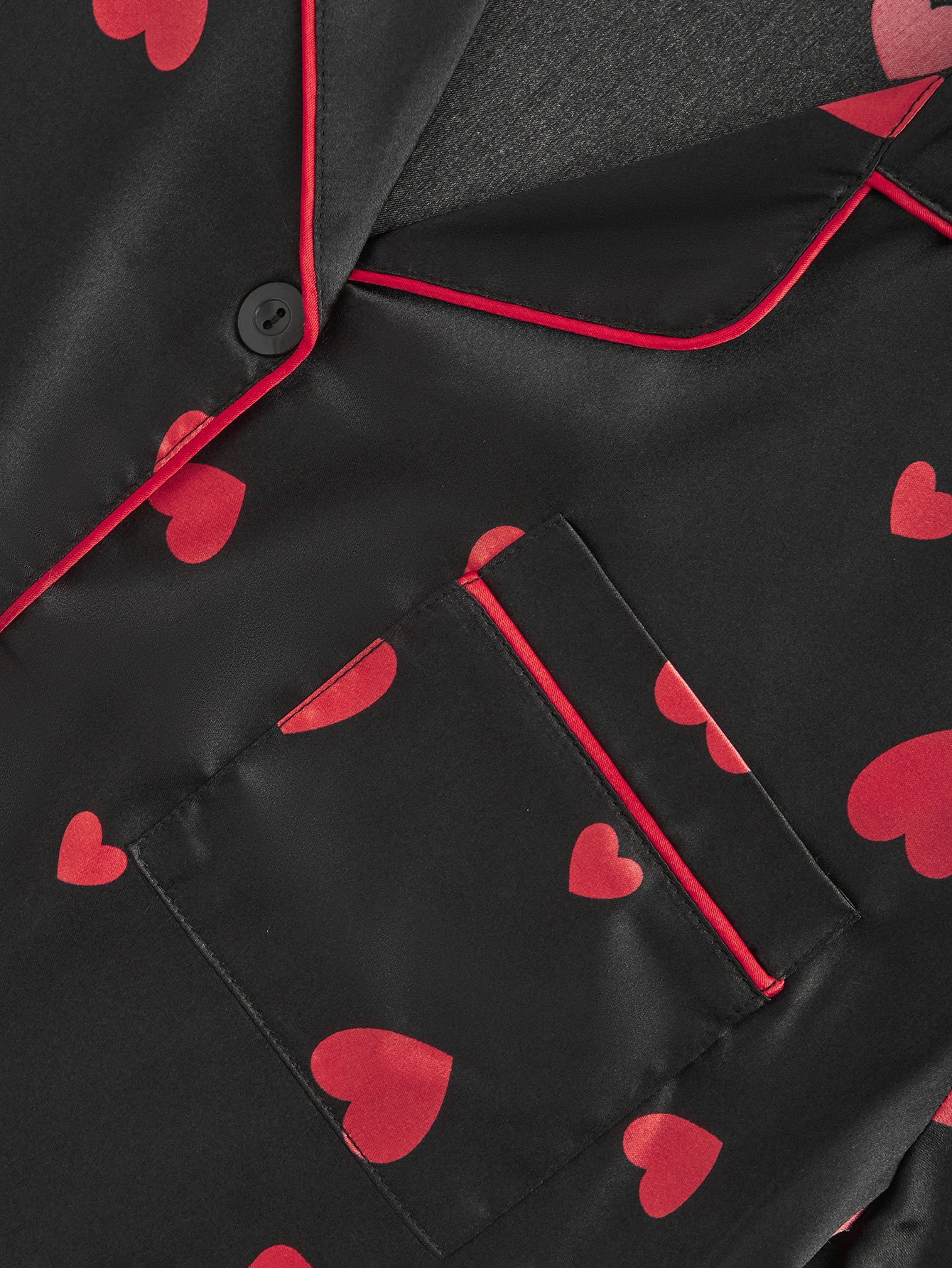 Women's Satin Silk Pajama Set Black Red Heart Print Short Sleeve Long Pants 2 Piece Loungewear Button Down Sleepwear