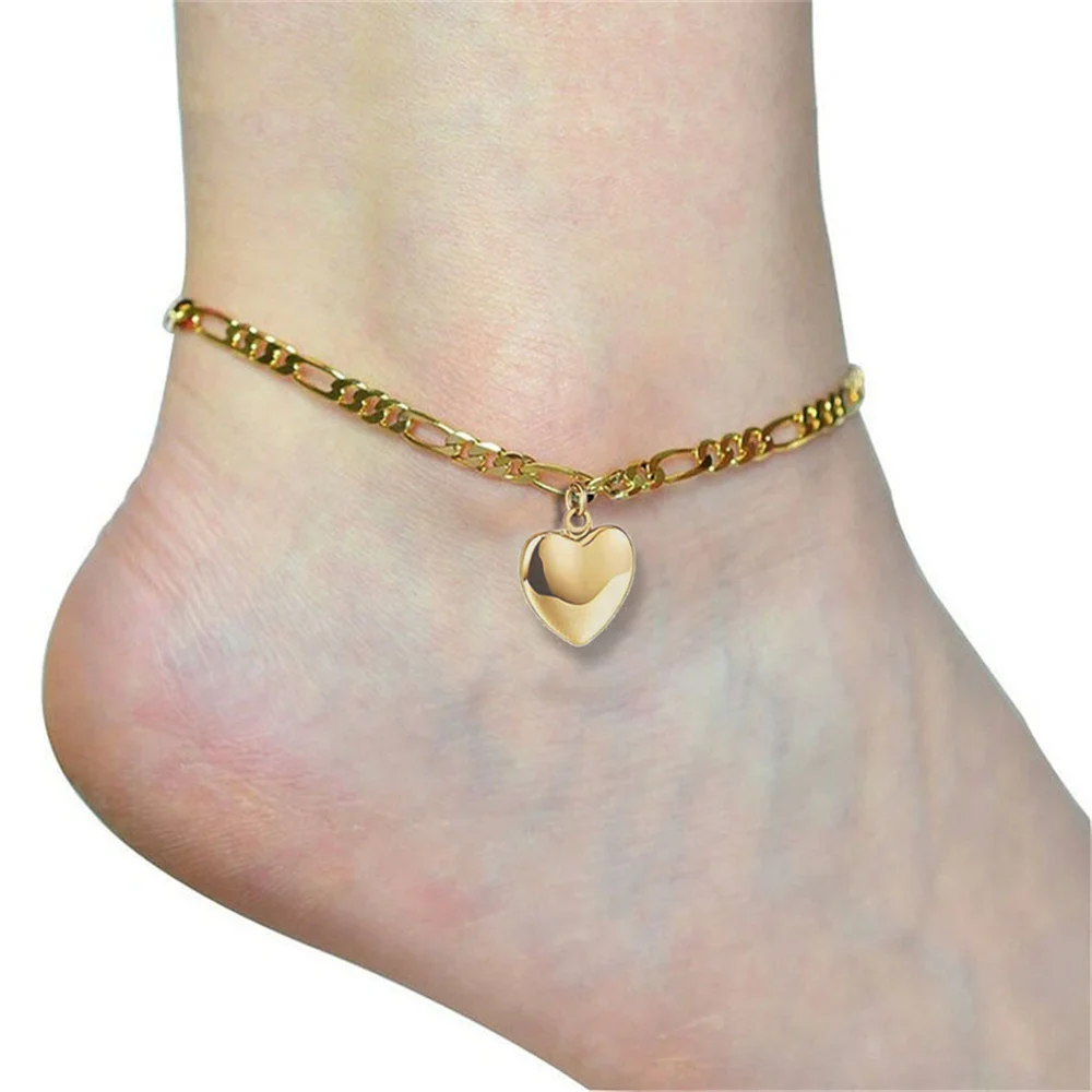 Beach Heart Charm Anklet For Women Gold Silver Color Stainless Steel Figaro Chain Ankle Bracelet On the Leg Foot Jewelry