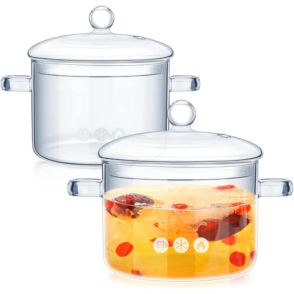 

2 Pcs Glass Pots for Cooking on Stove Set Glass Saucepan with Cover Heat Resistant Clear Pots and Pans Set Stovetop Cookware
