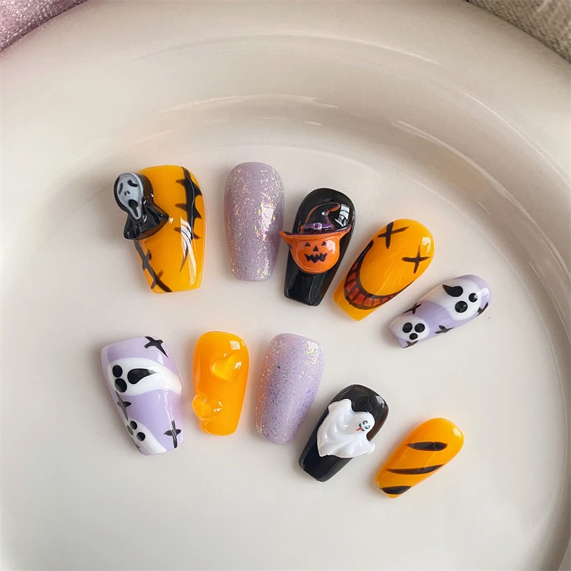 Noctilucent Handmade Press on Nails Wearable Pumpkin Halloween False Nails Design Cute Orange Fake Nails Manicure Decoration Kit