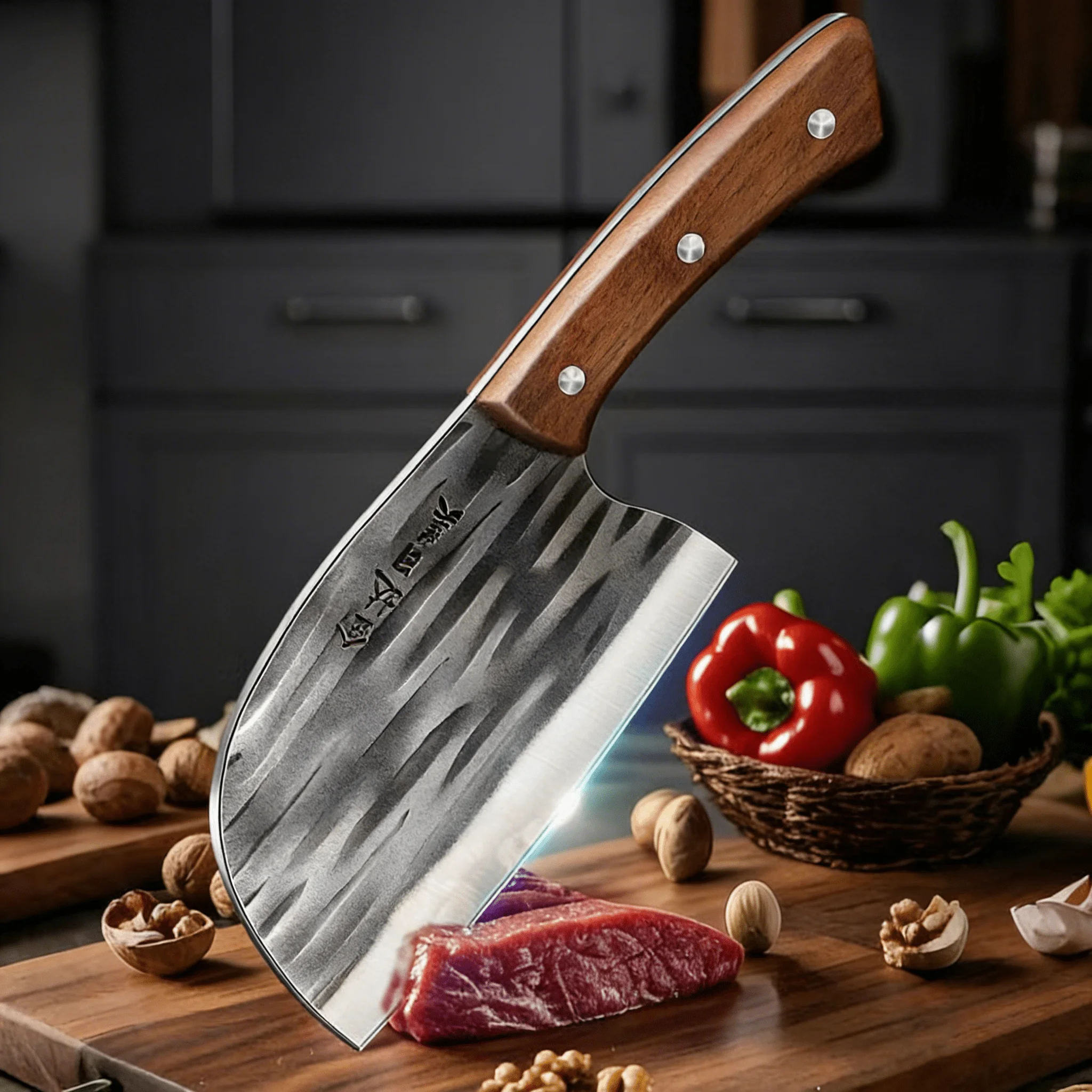 New 2PCS Premium Meat Cleaver Heavy Duty Ultra Sharp with Sharpening Rod,Hand-Forged Meat Cleaver for Home Kitchen Bone Cutting