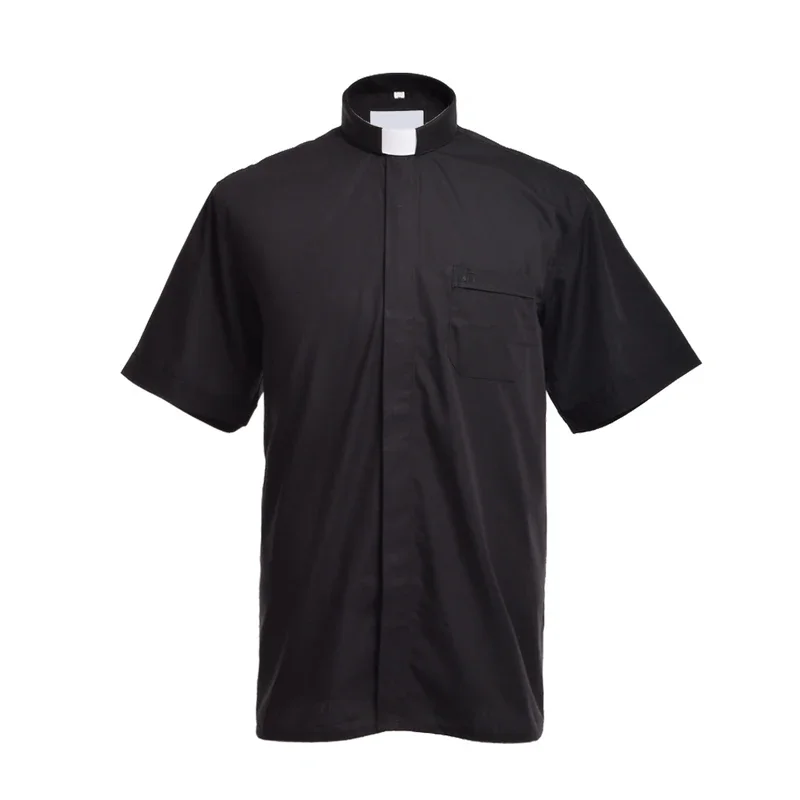 Pastor Clergy Shirts Priest Costume Tab Collar Black Minister Preacher Short Sleeve Tops