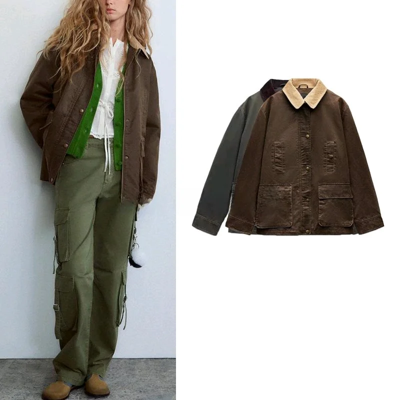 

Spring New Arrival Women's Workwear Jaet Collar Stand Contrast Color Utili Coat Collar Long Sve Polyester Fiber