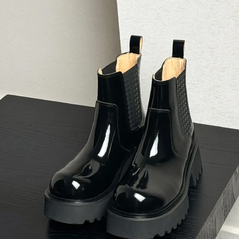 

Patent Leather Mens Ankle Boots 6 Cm Height Luxury Handmade Quality Genuine Leather Slip on Platform Social Wedding Shoes Male