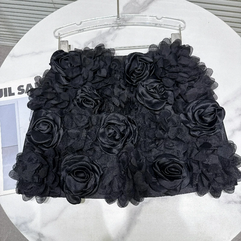 2026 Autumn New Women's Short Skirt Fashionable Black Three-dimensional Flower Pattern Design High Waist A-line Skirts Ladies