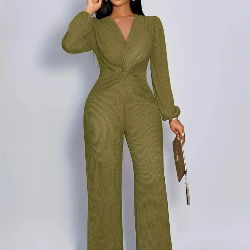 

Solid Color Long Sleeves Jumpsuits Pants Sexy V-neck Pleated Design Siamese Autumn New Arrivals Ropa Mujer Tendencia 2025