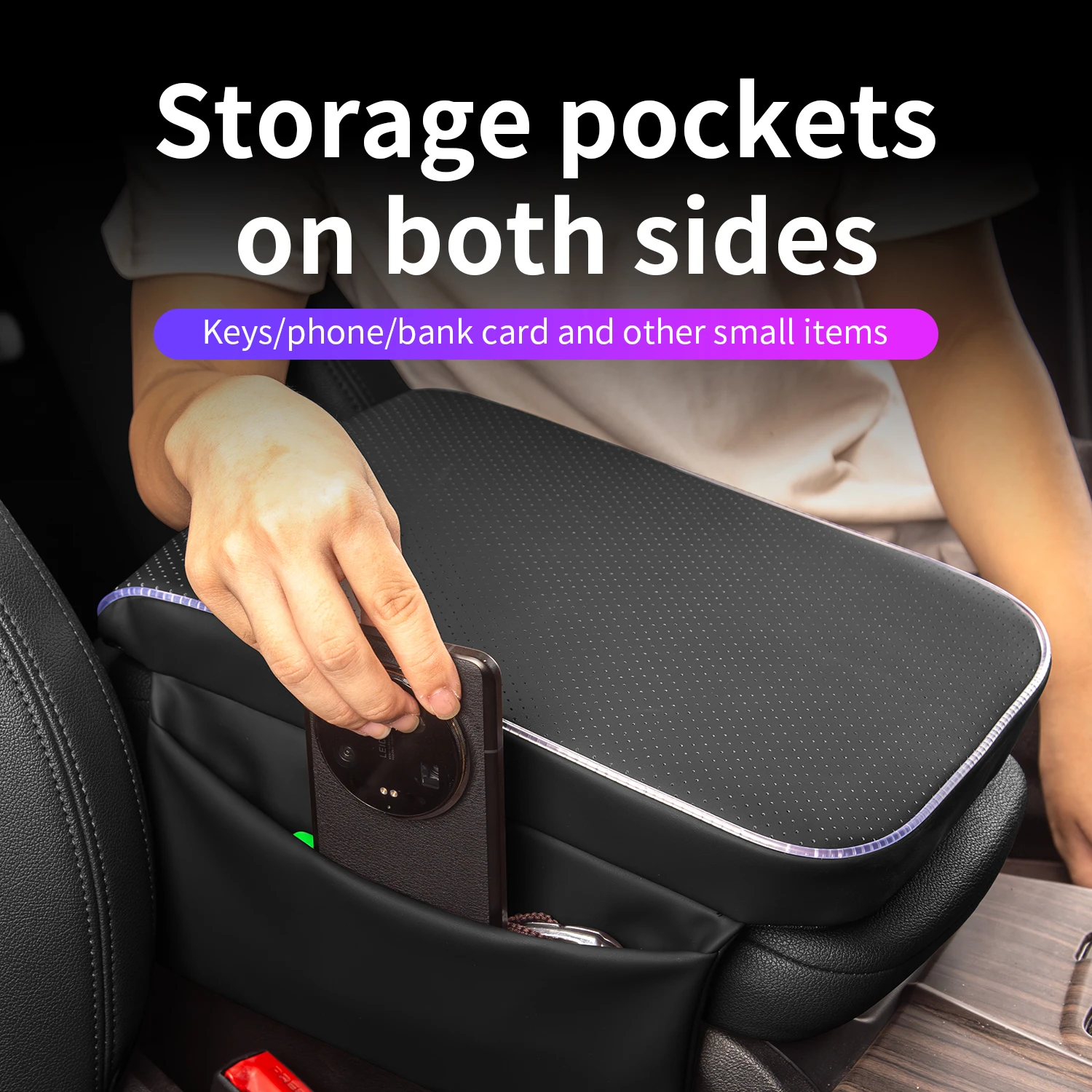 Premium Car Armrest Box Heightening Pad with Ambient Light, Soft Leather Support Cushion, Relieve Fatigue from Suspended Arms
