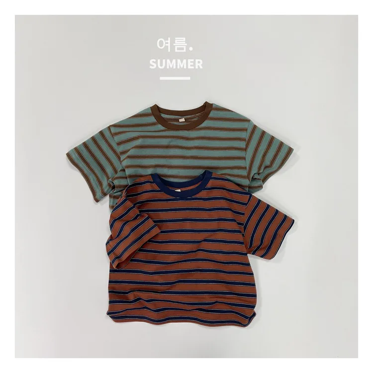 Korean Striped Summer New Children's Striped Short-sleeved T-shirt Boys and Girls Cotton Versatile Casual T-shirt Top