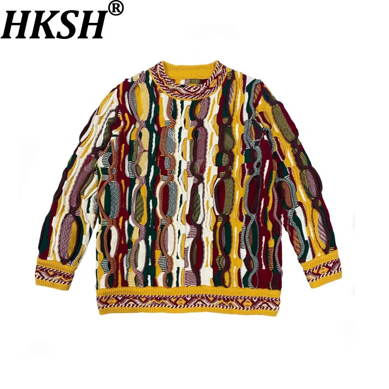 

HKSH осень зима мужской прилив панк винтажный горький дыня узор свободный круглый вырез цветной блок 3D свитер пуловер шикарные Ins HK15745
