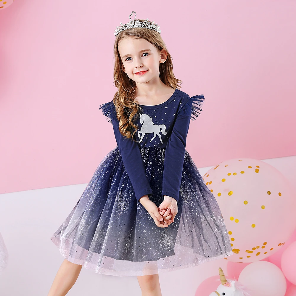 DXTON Princess Dress For Girls Unicorn Cartoon Toddler Casual Costumes BlingBling Tulle Children Birthday Party Dress Clothing