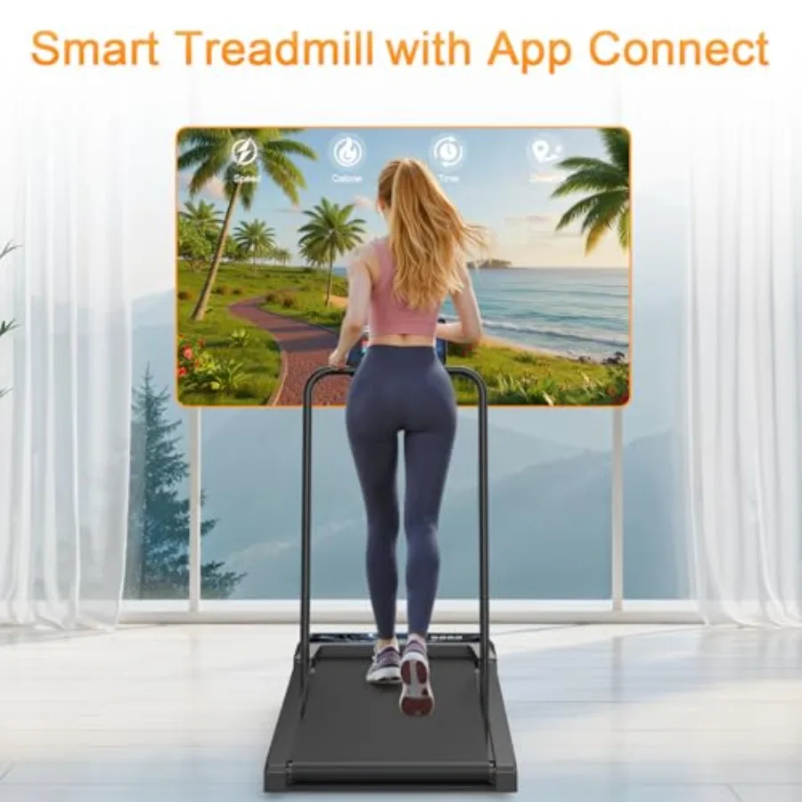 Home use compact treadmill with 0-8 incline steel frame black finish space-saving design and APP sync
