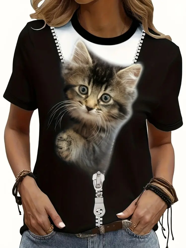Summer Cute Kitten T-Shirts Cat 3D Print Women's Round Neck Short Sleeve T Shirt Casual Tees Harajuku Y2K Tops Female Clothing