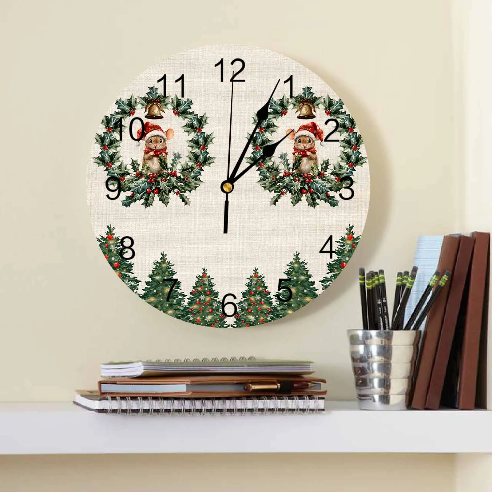 

Christmas Tree Animal Beige Background Wall Clock Large Modern Kitchen Dinning Round Wall Clocks Bedroom Silent Hanging Watch