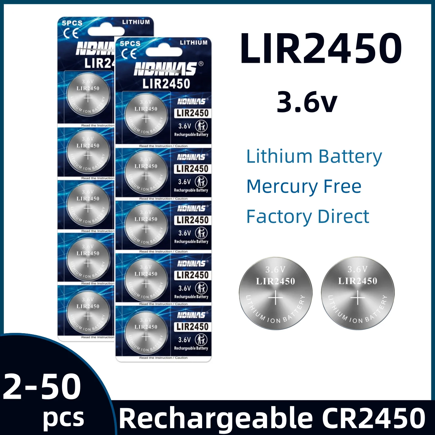 2-50PCS LIR2450 Rechargeable 2450 Batteries 3.6V High Capacity 120mAh Lithium Coin Button Battery Replace CR2450
