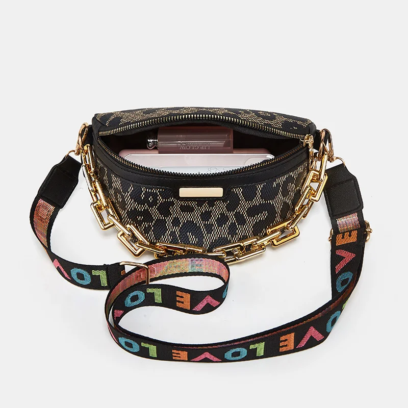 Stylish Leopard Printed PU Leather Chain Waist Bags For Women Trendy Fanny Pack Female Waist Pack Wide Strap Crossbody Chest Bag