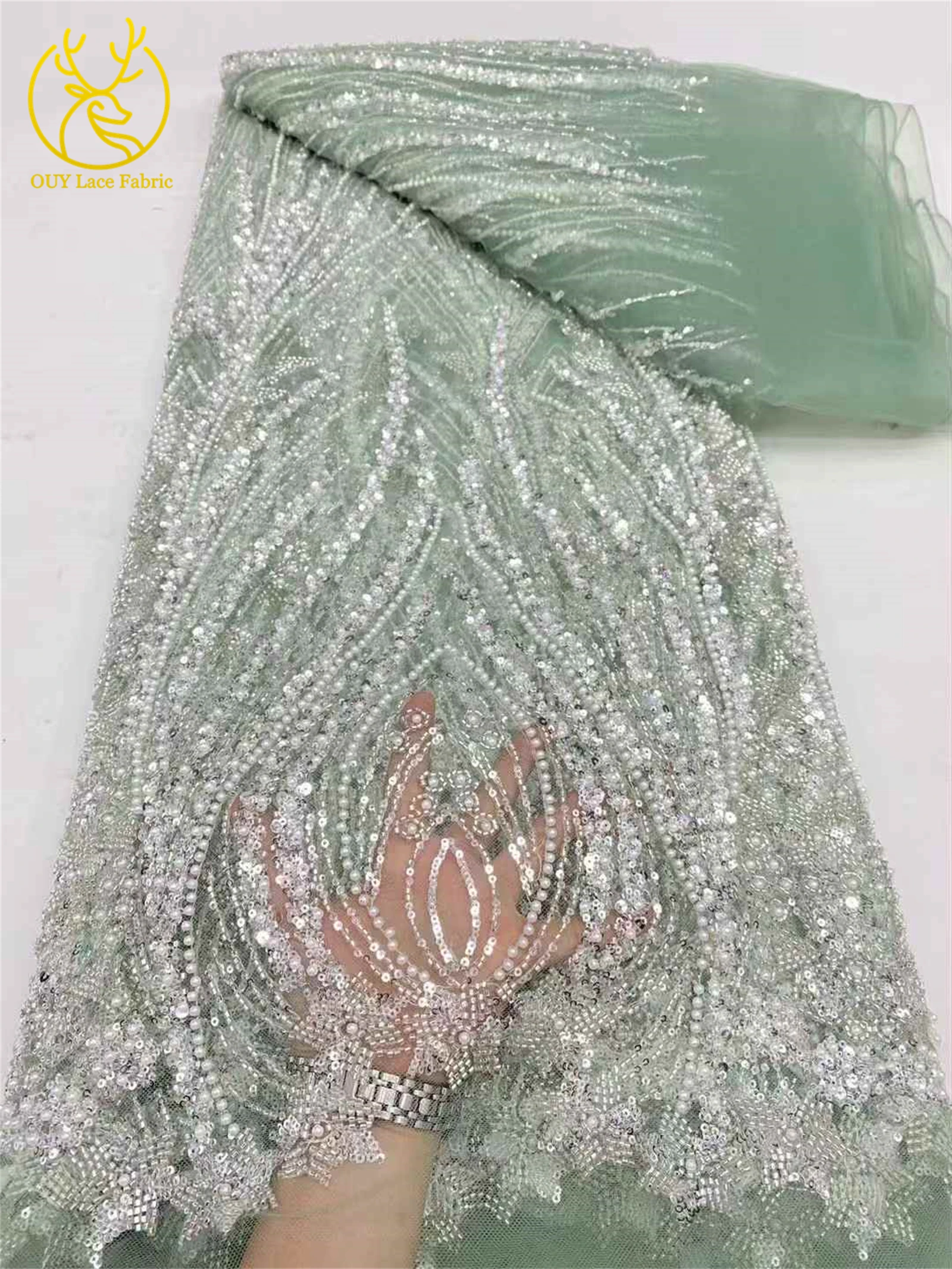 2025 Hot New High-end Luxury French Sequin Beaded Lace Fabric African Nigerian Groom Embroidery Fabric Wedding Material 5 Yards