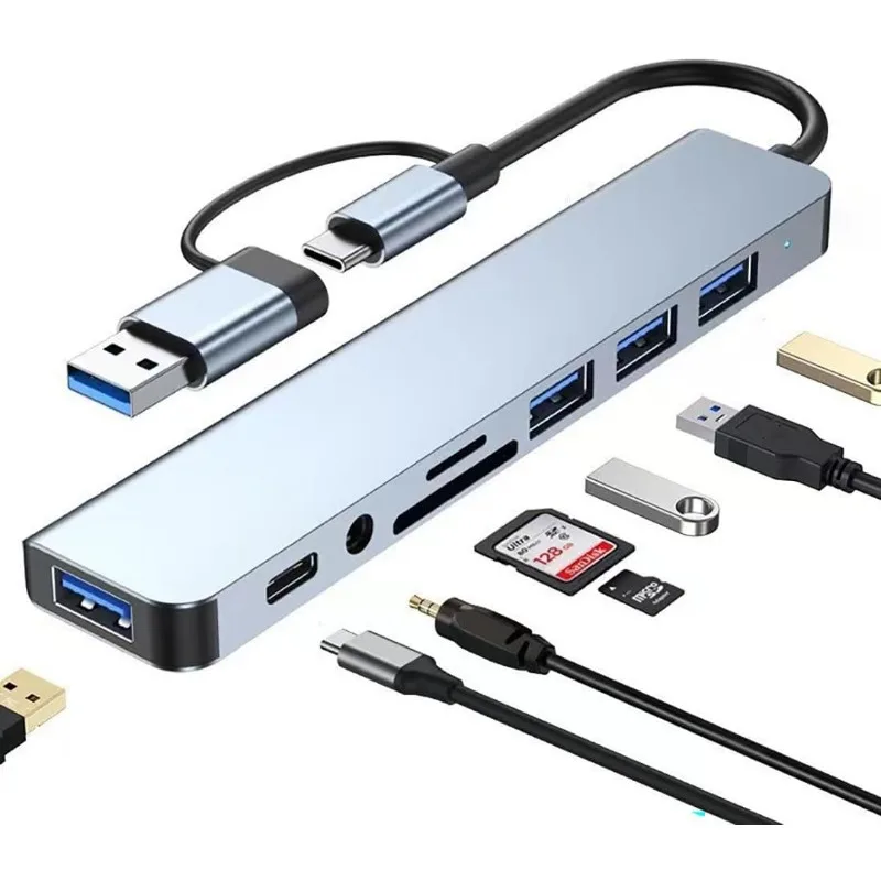 8 in 1 USB C Hub USB Splitter Type C Adapter 4 USB 3.0 SD/TF Reader Audio for MacBook iPad Pro Steam Deck Laptop Aluminum Hub