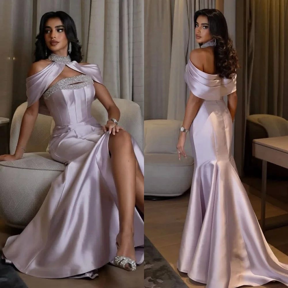 

Customized High Quality Exquisite Charmeuse Sequined Ruched Mermaid High Collar Long Dresses Bespoke Occasion Dresses Fashion