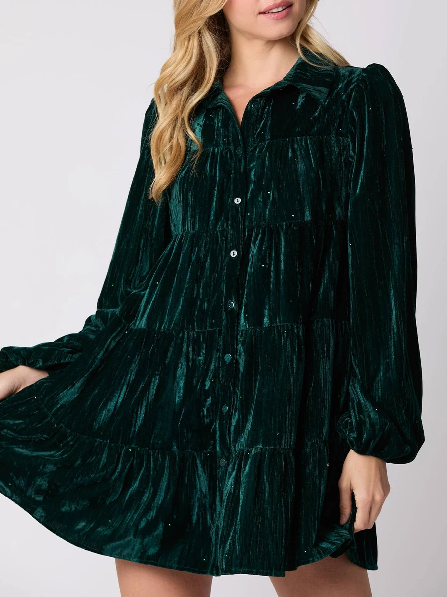 Women Spring Autumn Shirt Dress Long Sleeve Lapel Button Up Velvet Dress with Pockets