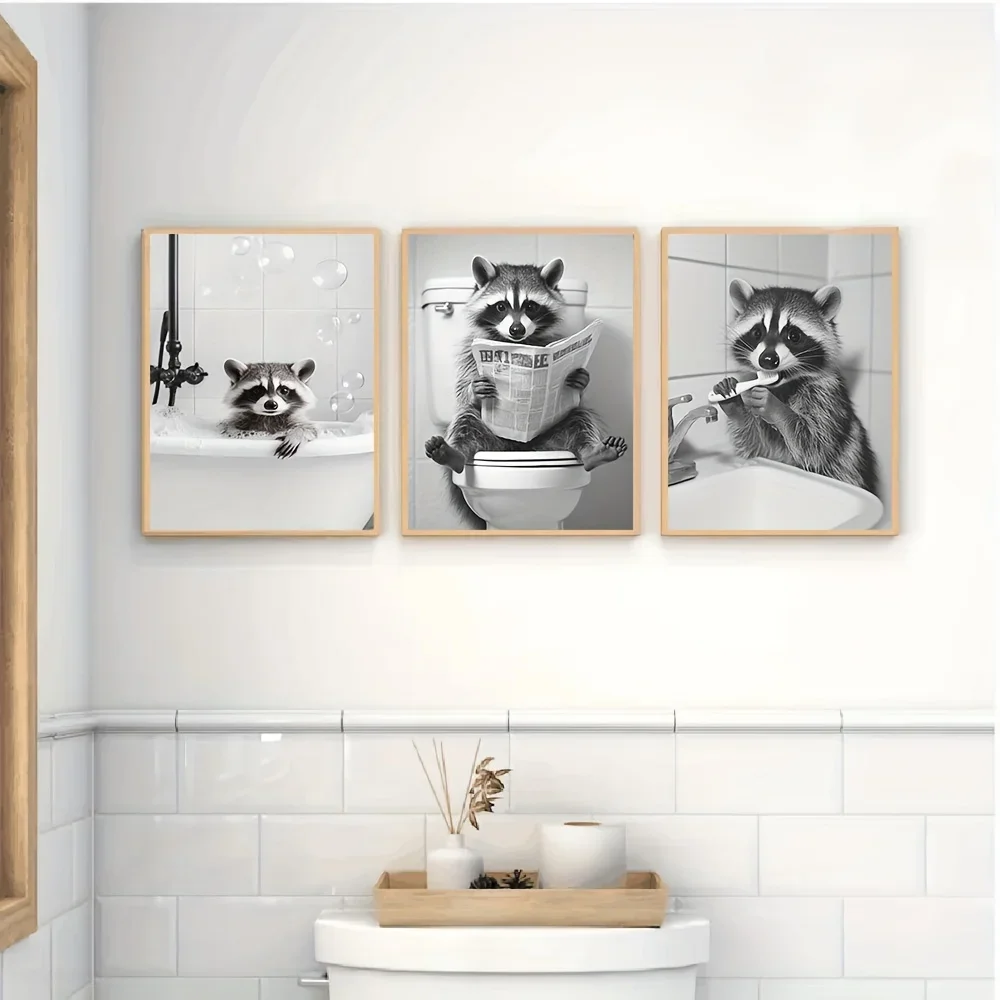 Large-sized 3pcs/set Humorous Toilet Raccoon Bathroom Art Canvas Print Cute Black White Animal Nursery Wall Art Poster for Moder