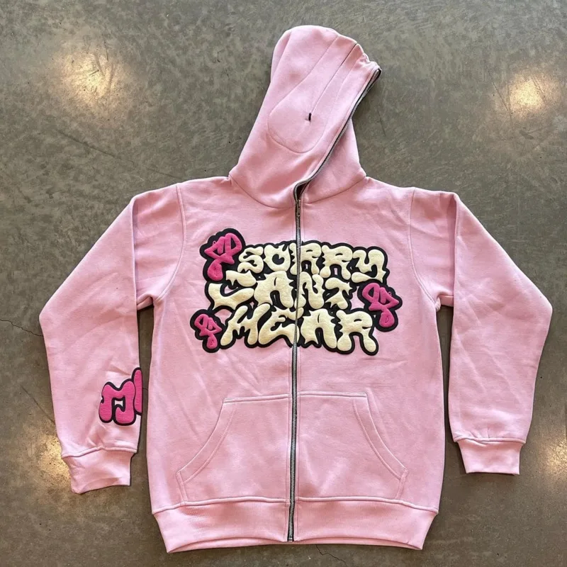 Y2K Hip Hop Men Hoodies Streetwear Letter Print Long Sleeve Full Zipper Sweatshirts Retro Oversized Pocket Women Jackets Clothes