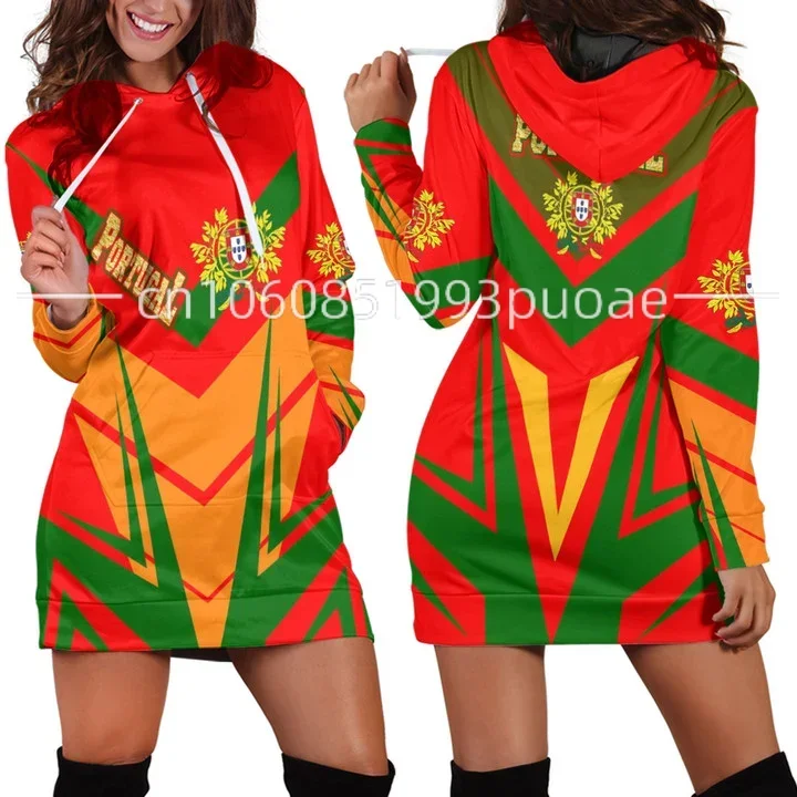 Vestido com capuz com bandeira de Portugal 3D para mulheres, nome personalizado, Harajuku retrô, impresso em 3D, pulôver, casual, sexy, novo