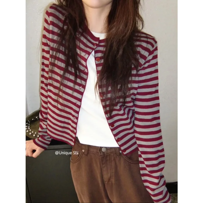 

Korea Retro O-neck Single-breasted Knitted Long-sleeved Cardigan Women 2025 Autumn New Streetwear Contrast Color Striped Tops