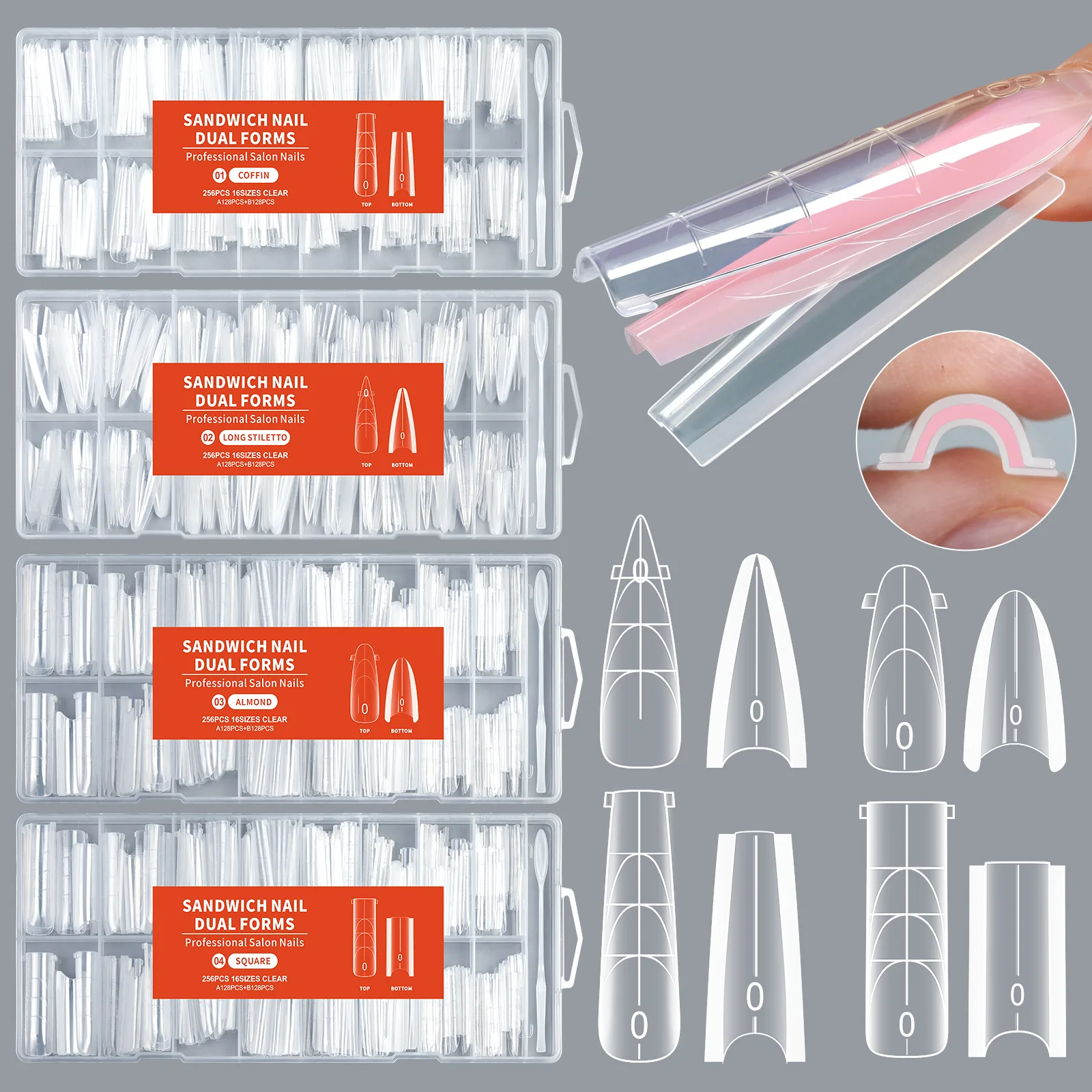 256Pcs Sandwich Nail Dual Form Coffin/Almond/Stiletto/Square Nail Mold with Guide Line 16-Size Top & Bottom Quick Nail Extension