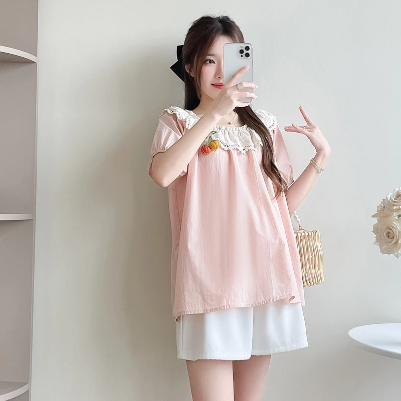 Korean Style Pregnant Women's Summer Loose Blouses Sweet Lace Patchwork Peter Pan Collar Short Sleeve Top Maternity Shirts Pink