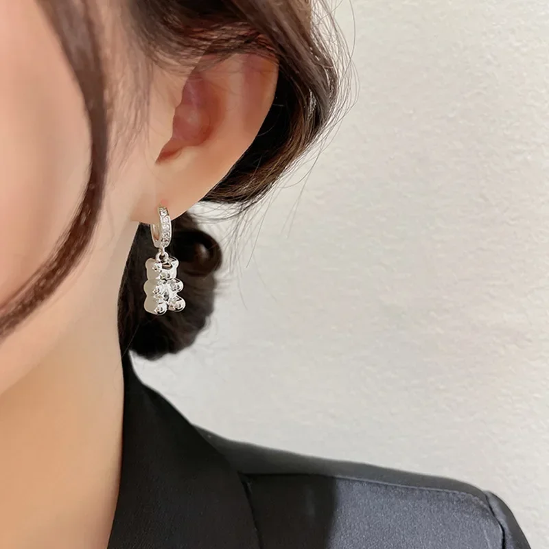 Lovely Bear Earrings for Girls Korean Cute Gold and Silver Color Copper Bears Pendant Hoop Earrings Aretes Jewelry Pendientes