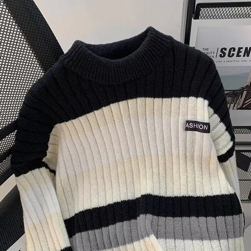 

Lazy style striped sweater men's autumn and winter new thick knit sweater jacket Hong Kong style long sleeved sweater