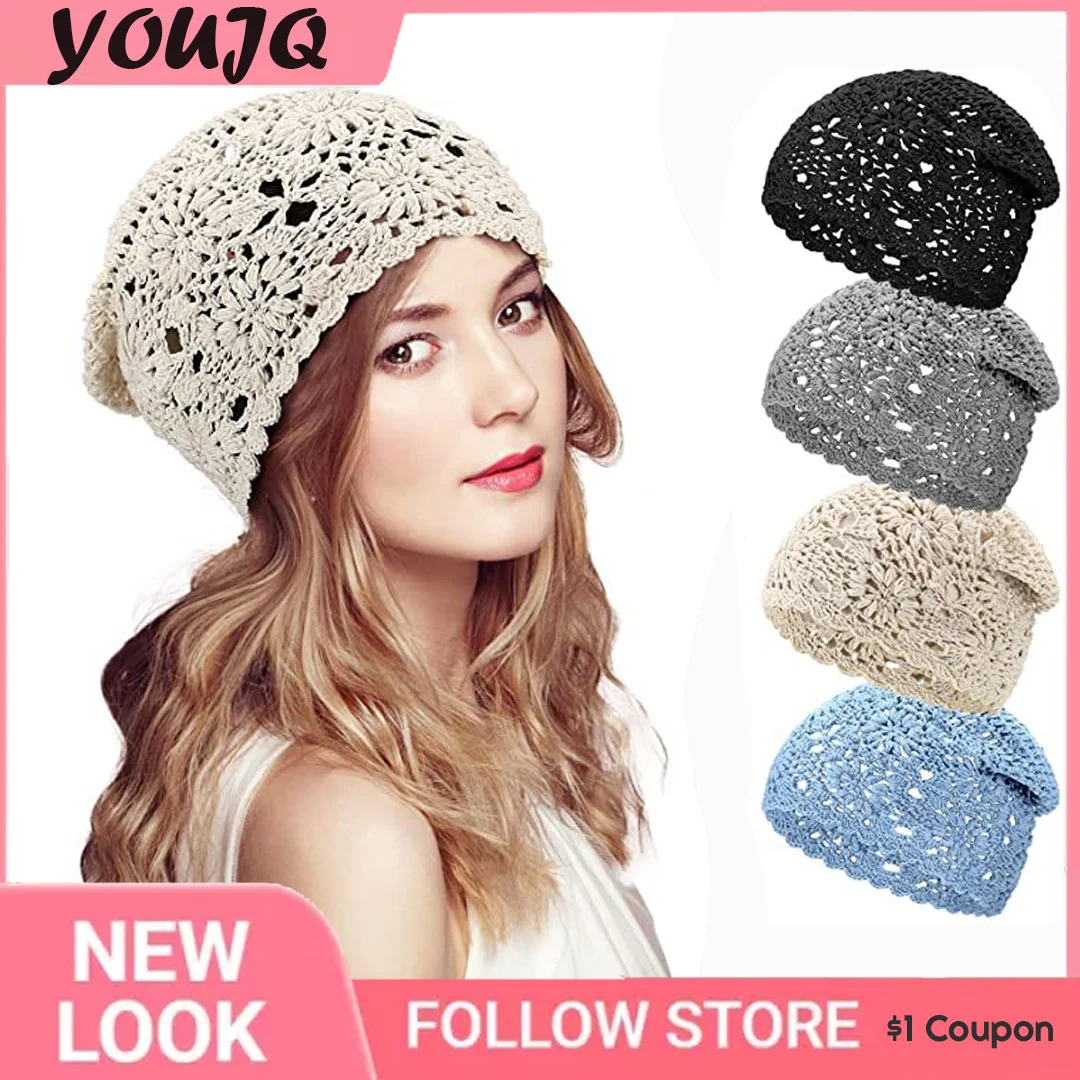 

Crochet Hollow Out Thin Fashion Handmade Beanie Hat for Women, Spring and Summer Cotton Knit Cap, Unisex Skullies & Beanies