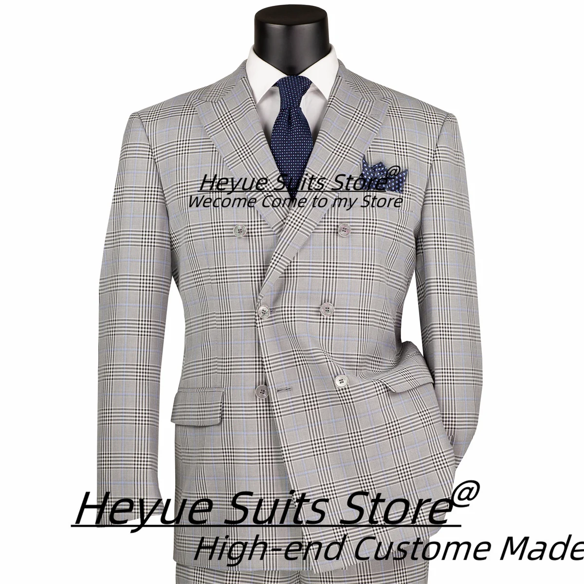

French style Gray Plaid Men Suits Customized Slim Fit Peak Lapel Groom Tuxedos Male Double Breasted Blazers2Pcs Sets Ropa Hombre