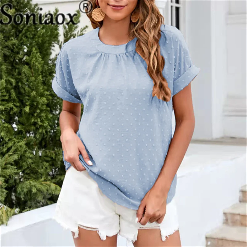 

Women's Short Sleeve Blouses Tops Chiffon Jacquard Solid Color O-Neck Shirt Ladies Casual Loose Elegant Street Pullover Tops