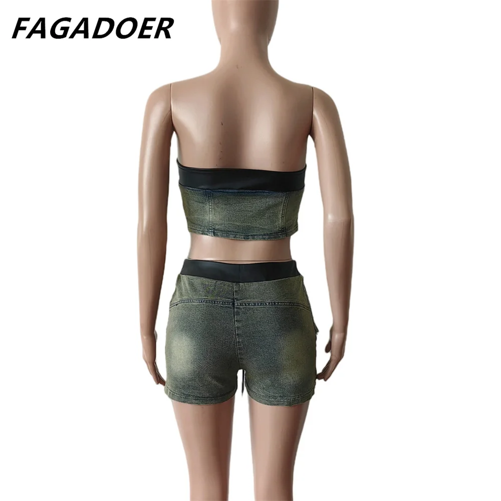 FAGADOER moda Y2K Streetwear kobiety Denim bandaż bez rękawów Backless Tube i szorty dwuczęściowe zestawy seksowne kowbojskie stroje 2024