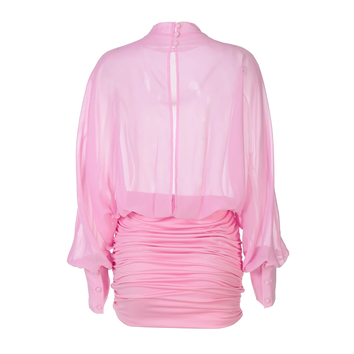 Women's Sexy Fashion Chiffon Perspective Splicing Wrinkled Long Sleeve Mini Bodycon Pleated Dress - Pink Color