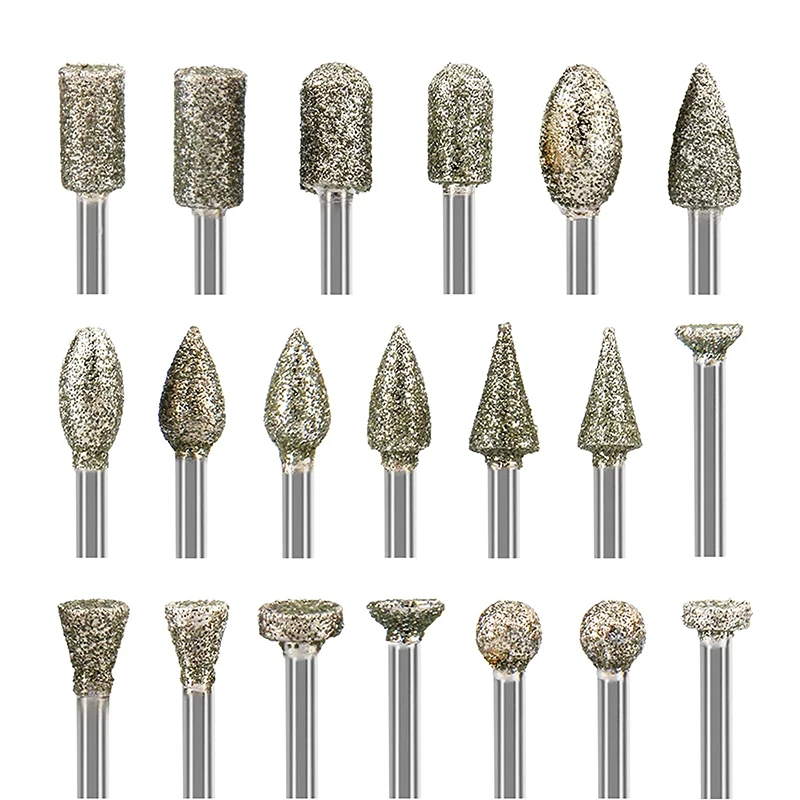 

20Pcs Diamond Burr Set 3mm Shank Rotary Grinding Burr Bits 60 Grits Diamond File Tool For Stone Carving Engraving Polishing