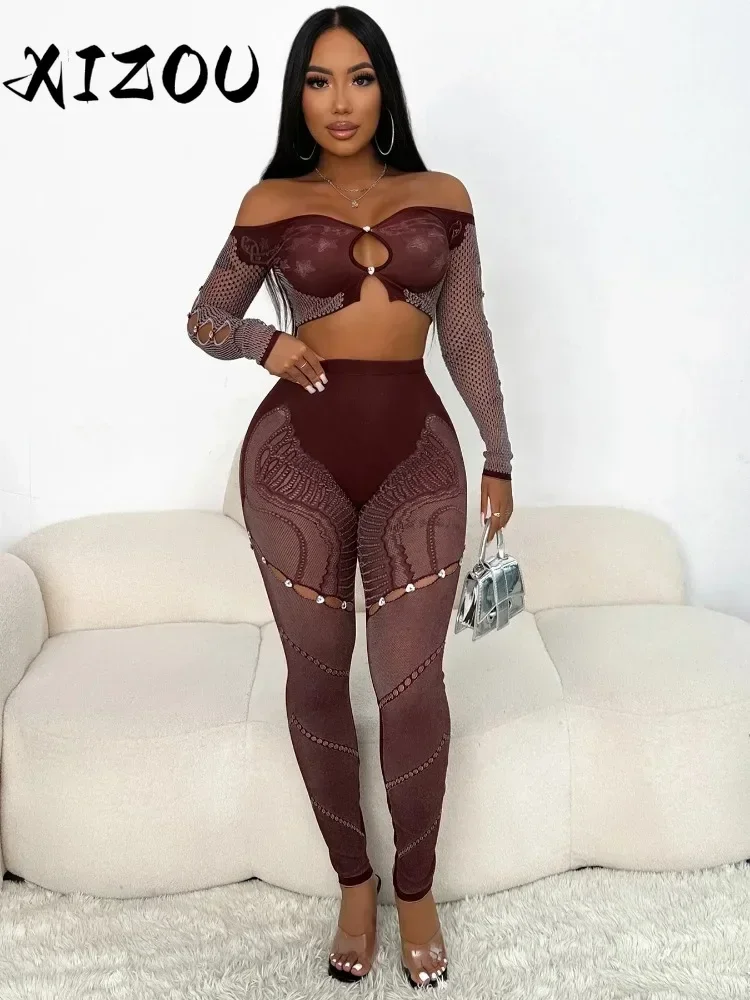 XIZOU Sexy Thick Women 2Piece Set Chic Hollow Rhinestones Slash Neck Crop Tops+Patchwork Leggings Stretch Matching Clubwear