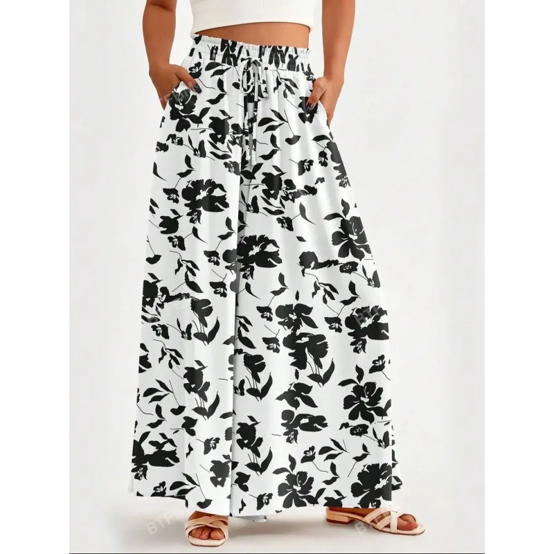 

Женские повседневные брюки больших размеров с высокой талией, широкими штанинами, летние брюки с цветочным принтом, пляжные брюки для отдыха