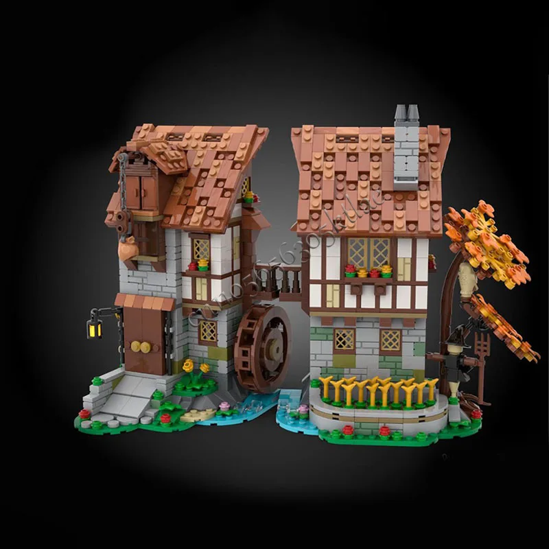 1236 parti MOC medievale mulino ad acqua modello building block architettura display giocattoli per bambini assemblaggio regali di compleanno popolari