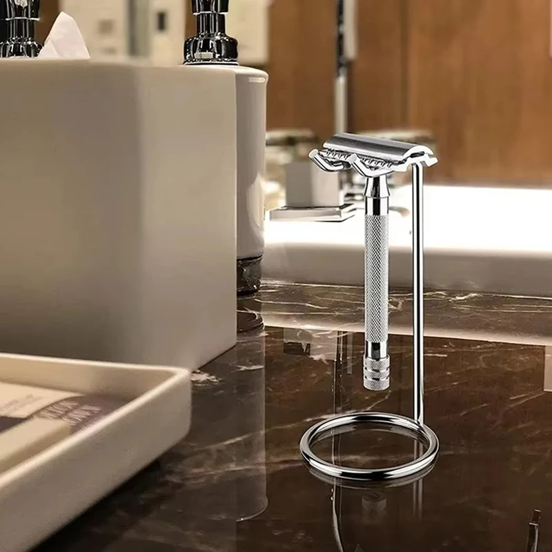 ABKP-Men Metal Art Shaving Brush Stand Razor Base Chromed Silver Shaving Razor Beard Clean Shaver Kit Cartridge Easy Carry