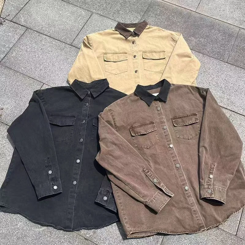 High Quality Vintage Washed Lapel Buttons Shirt Jacket Man Woman Loose Pocket Workwear Canvas Jacket Brown Black