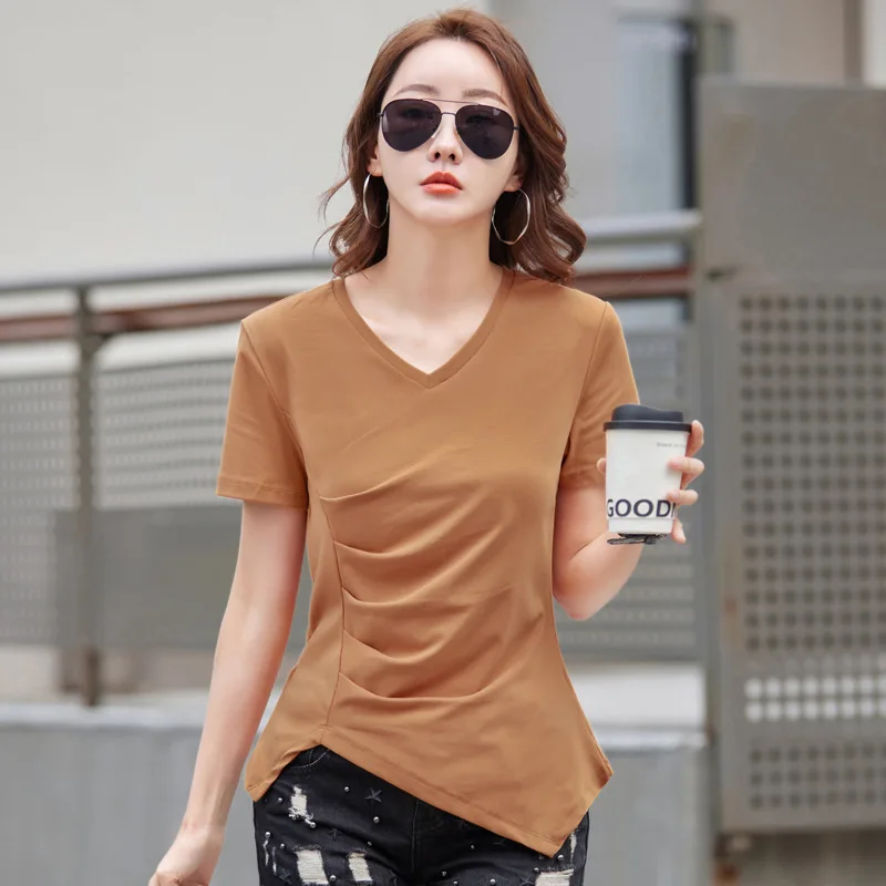 Camiseta con pliegues irregulares para mujer, camisetas de algodón de manga corta, ropa de moda coreana, camiseta para mujer, Tops informales con cuello en V