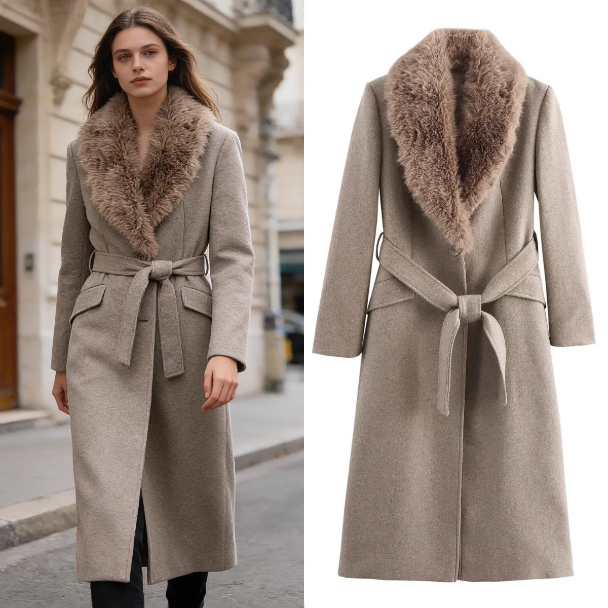 

Элегантное шерстяное пальто с меховым воротником, женское пальто с v-образным вырезом и длинными рукавами на шнуровке, свободное длинное пальто, женская повседневная уличная верхняя одежда