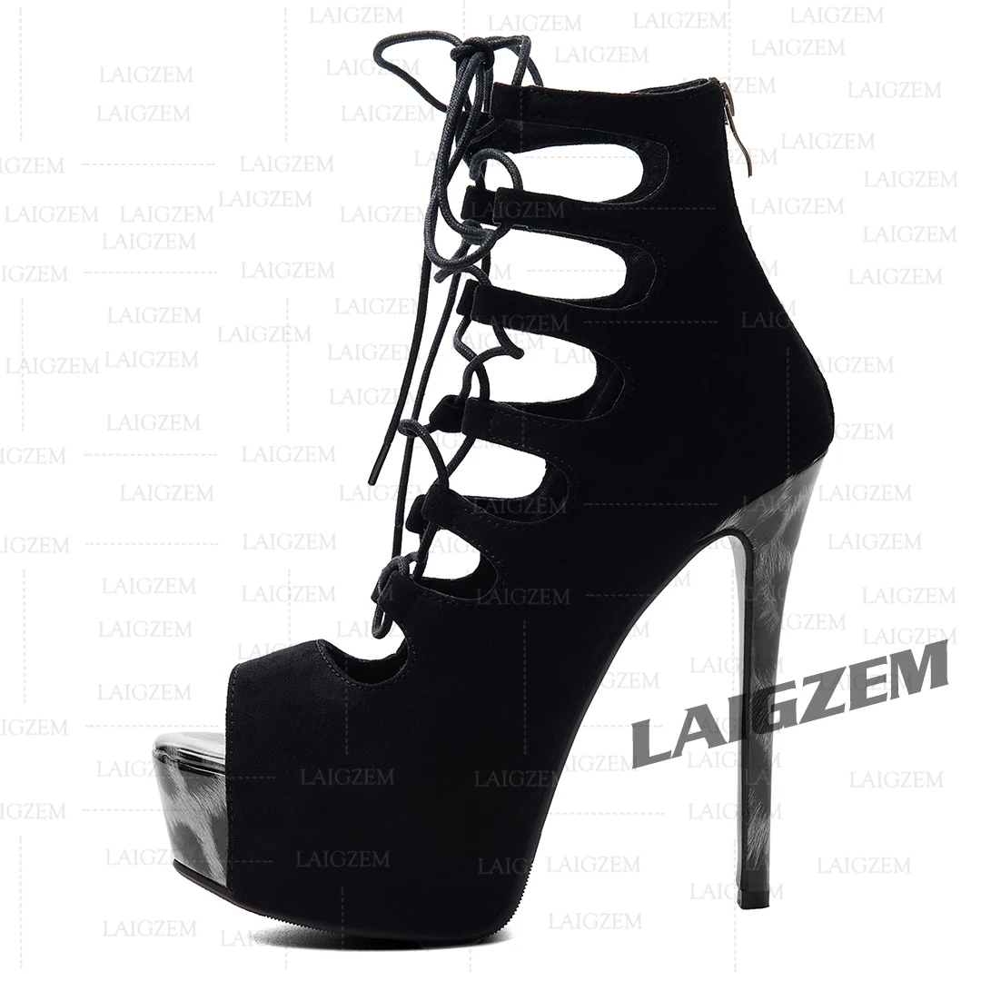 LAIGZEM Women Platform Sandals Peep Toe Thin High Heels Pumps Back Zip up Ladies Handmade Shoes Woman Large Size 39 43 45 52