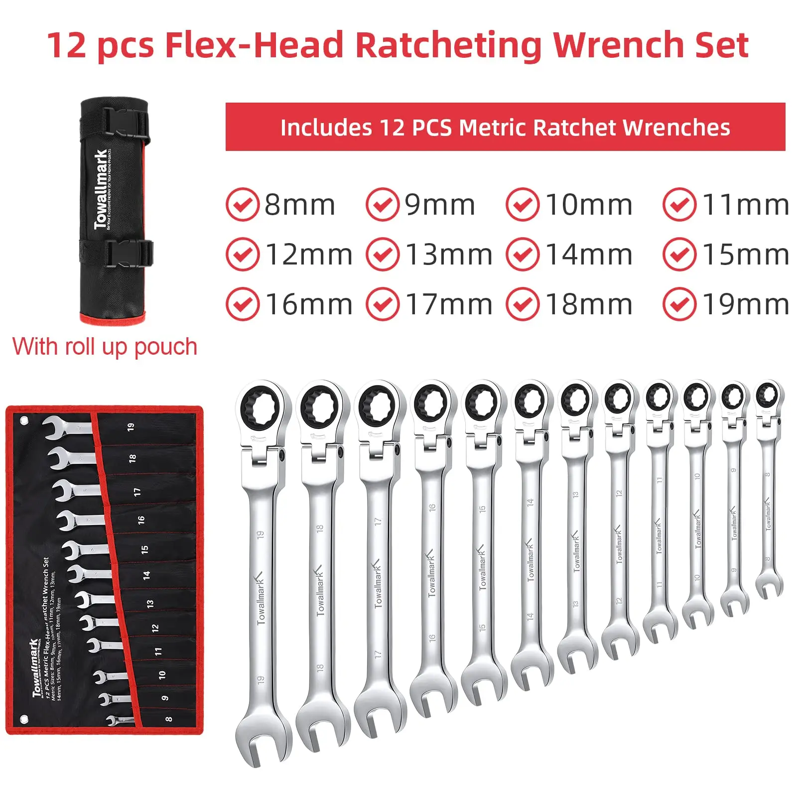 12-Piece Flex-Head Wrench Set, Ratcheting Combination Set, Metric 9-18mm, 72-Teeth,Cr-V, Storage Bag for truck/garage projects