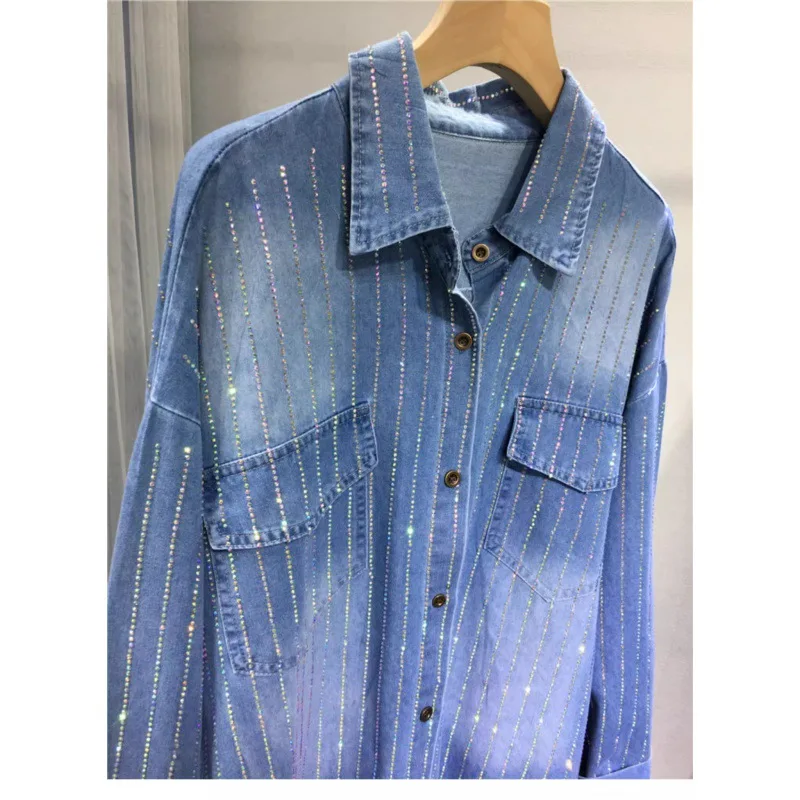 European Heavy Hot Drilling Coat Women's Classic Denim Blue Loose-Fit Mid-Length Shirt 2024 Spring New Streetwear Ladies Top