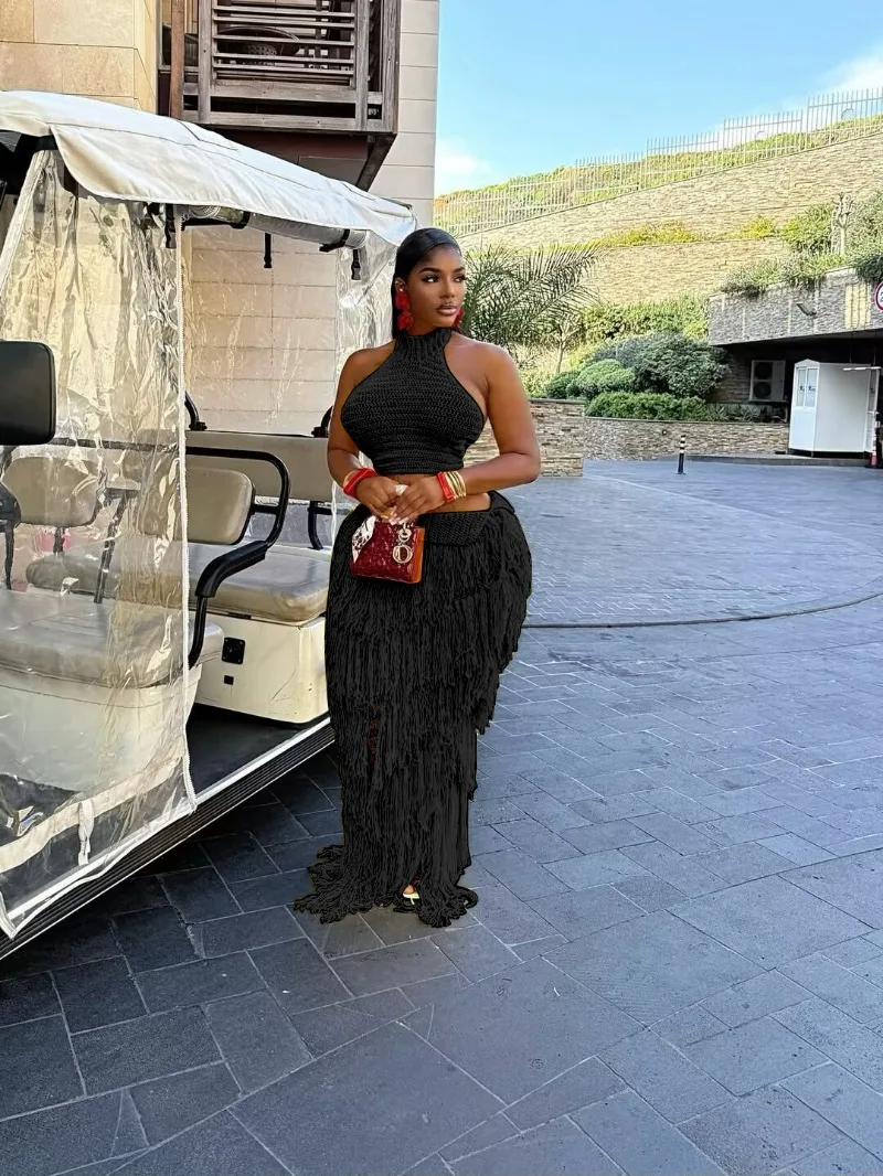 

Women Solid Vacation Beach Knitted 2 Piece Set Lace Up Halter Backless Tank Crop Tops + Hollow Tassel Bodycon Maxi Skirts Suits